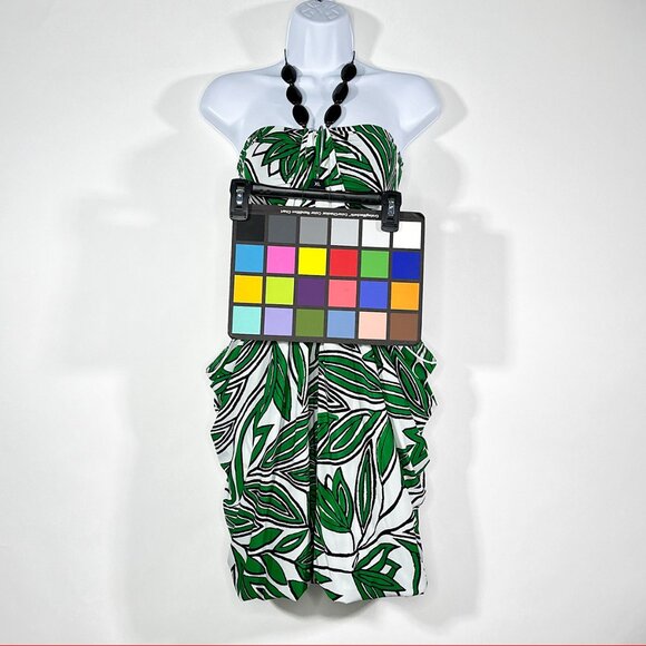 NWT Kitty Halter Dress White Green Leaf Design Six Brown Buttons Size Small - Picture 15 of 15